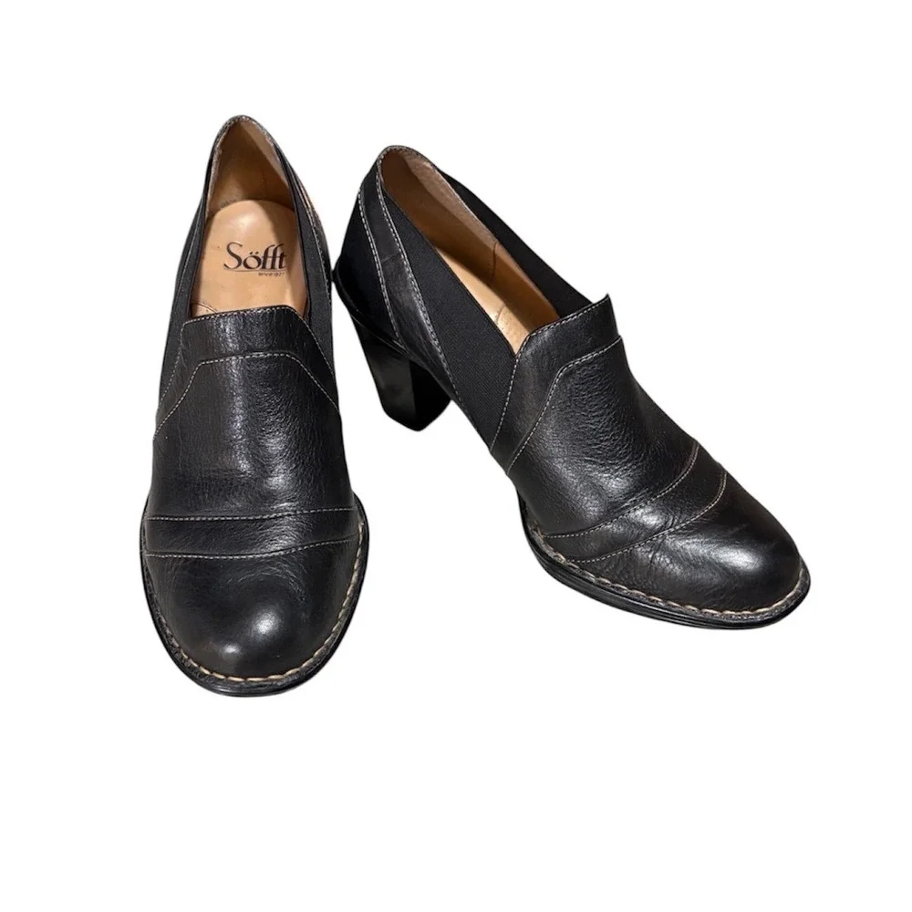 Sofft Leather Shooties Women 8.5 M Black Excellent Block Heel Slip‎ On Pumps